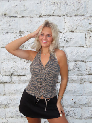 Hidden Tiger Stripe Stretch Lace Up Denim Halter Top