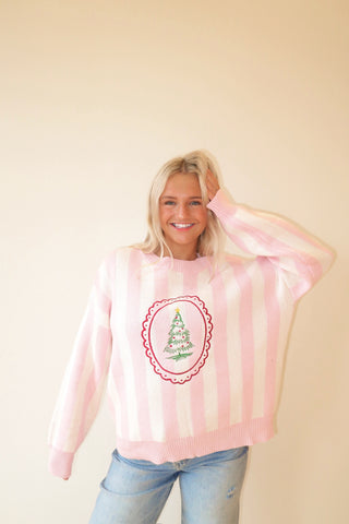 Pink & White Striped Christmas Tree Sweater