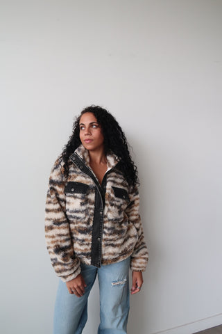Contrast Denim Printed Sherpa Zip Up