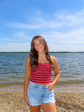 Red Stripe Ribbed Strapless Top