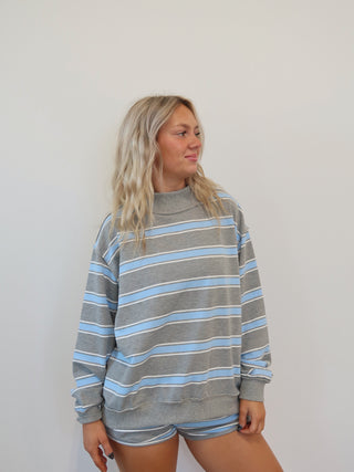 Grey & Blue Oversized Striped Mock Neck