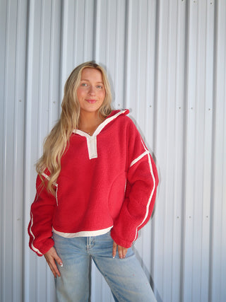 Red Quarter Zip Sherpa With Cream Trim