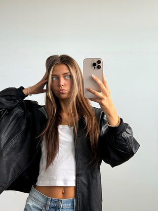 Black Faux Leather Bomber Jacket