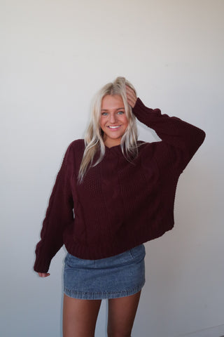 Burgundy V Neck Cable Sweater