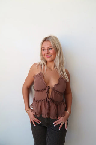 Sheer Mocha Front Tie Tank Top