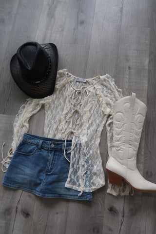 Cream Mesh Front Tie Long Sleeve