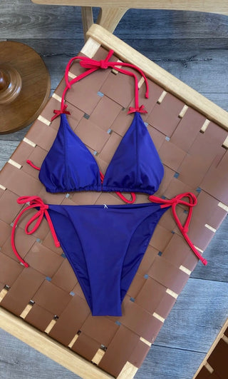 Royal Blue Triangle Bikini with Red Bow Trim