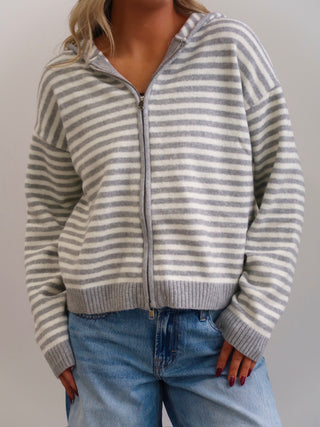 Sunday Zip Striped Sweater - Grey & White