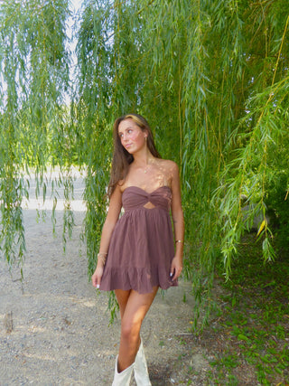 Brown Strapless Dress With Open Back