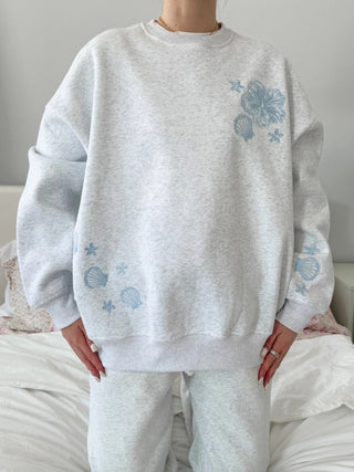Pearl Grey Tropical Embroider Crewneck