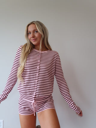 Pink & Maroon Striped Button Up Sweater