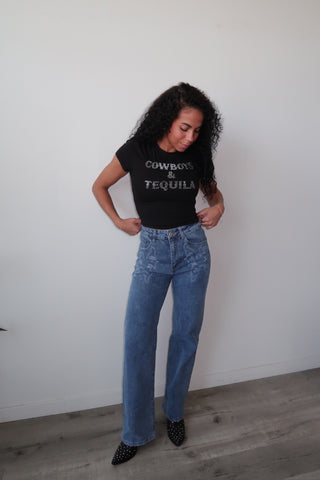 Western Embroidered Stretchy Jeans - Medium Denim