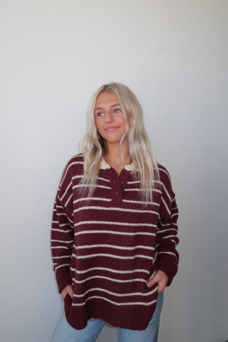 Burgundy Collared Striped Sweater