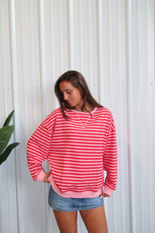 Oversized Pink & Red Striped Crewneck