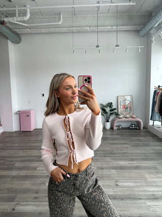 Baby Pink Tie Front Lightweight Sweater