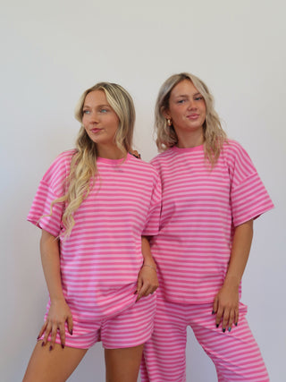 Striped Oversized Short Sleeve Lounge Top - Hot Pink