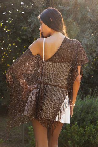 Brown Crystal Sequin Tassel Fringe Crochet Cape
