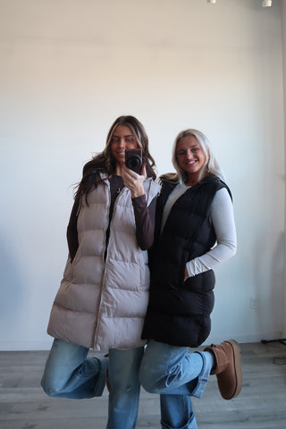 Long Black Hooded Puffer Vest