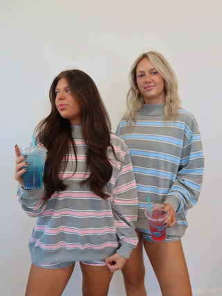 Grey & Pink Oversized Striped Mock Neck
