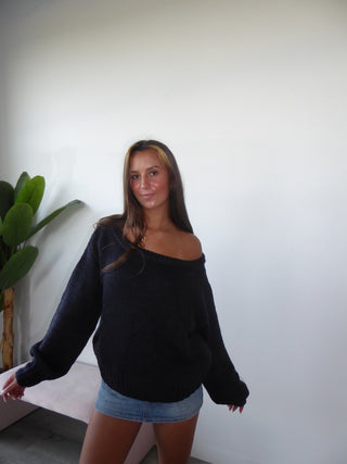 Navy Off The Shoulder Knit Sweater