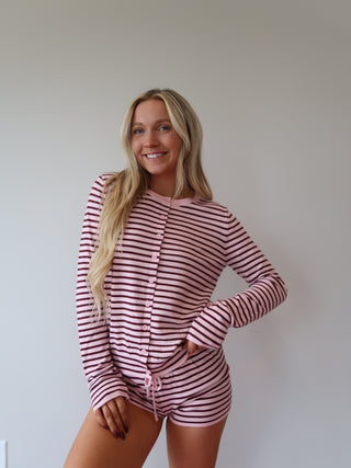 Pink & Maroon Striped Button Up Sweater