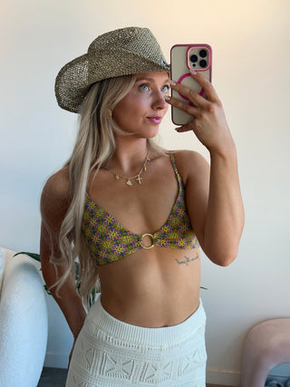 Green & Yellow Kaleidoscope Bikini Top With Gold Ring