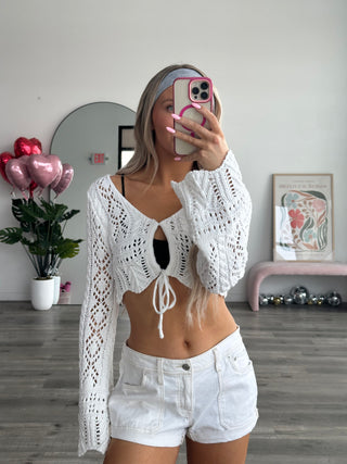 Crochet Cropped Front Tie Long Sleeve