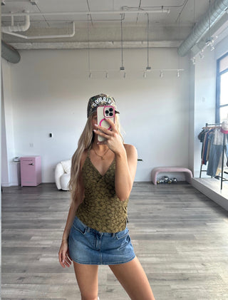 Olive Flocked Mesh Textured Halter Cami Top