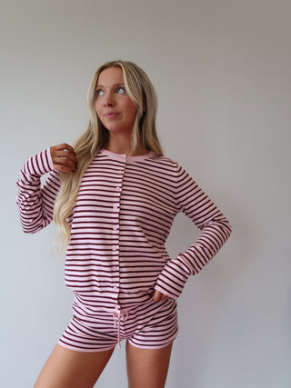 Pink & Maroon Striped Sweater Shorts