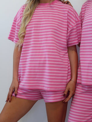 Striped Oversized Short Sleeve Lounge Top - Hot Pink