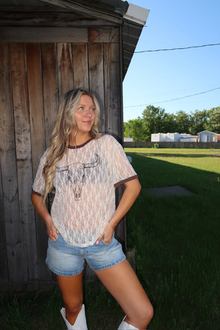 Cream & Brown Trim Longhorn Mesh T-Shirt