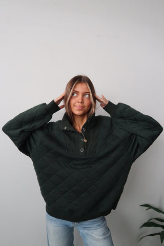 Dark Green Quilted Snap Pullover