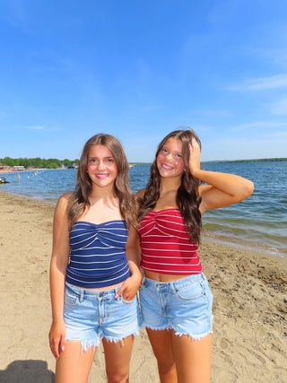 Red Stripe Ribbed Strapless Top