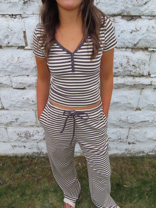 Charcoal Striped Knit Drawstring Pants