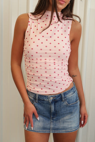 Polka Dot Open Back High Neck Tank Top