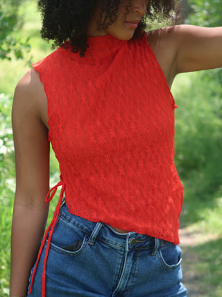 Red Mesh Asymmetrical Top