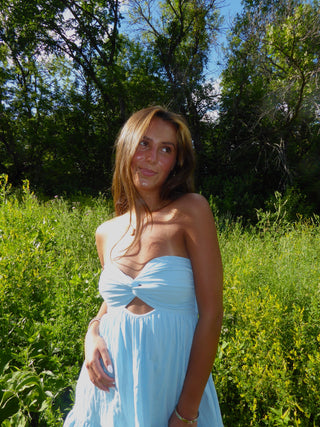 Sky Blue Strapless Dress With Open Back
