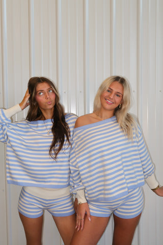 Blue Striped Off The Shoulder Long Sleeve