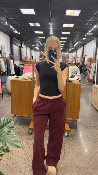 Long Black Cherry Staple Cargo Wide Leg Sweatpants