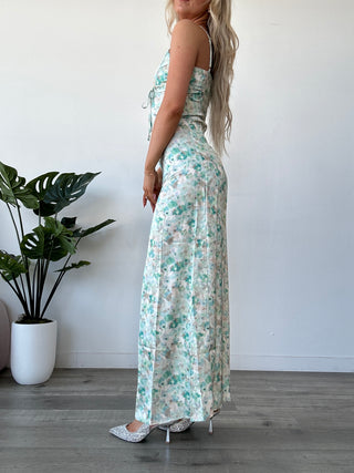 Sage Watercolor Floral Satin Maxi Dress