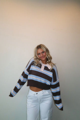 Cropped Striped Collared Sweater