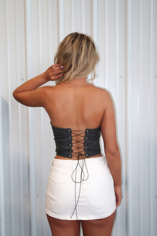 Charcoal Western Faux Leather Embroidered Corset Top