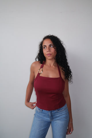 Burgundy Halter Neck Tank With Gold Ring