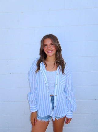 Striped Button Down Linen Shirt - Blue/White