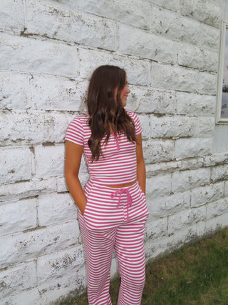 Rose and White Striped Snap Button Tee