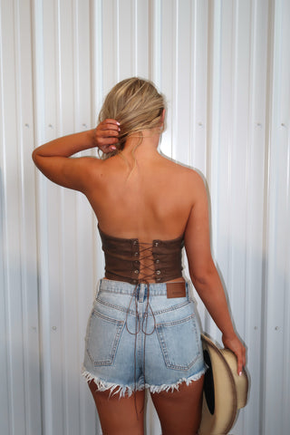 Brown Western Faux Leather Embroidered Corset Top
