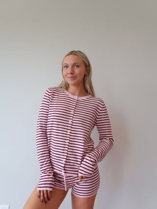 Pink & Maroon Striped Button Up Sweater