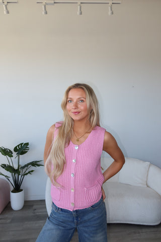 Pink Button Down Chunky Sweater Vest