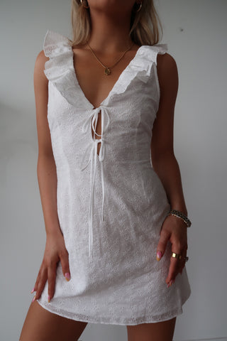 White Dress With Ruffle And Tie Detail
