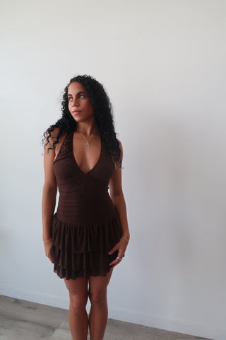 Brown Tiered Halter Mini Dress